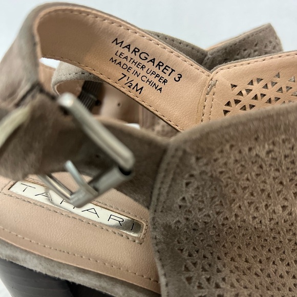 Tahari Size 7 1/2M Suede Taupe Perforated Open Toe Heeled Shoes - Picture 11 of 16